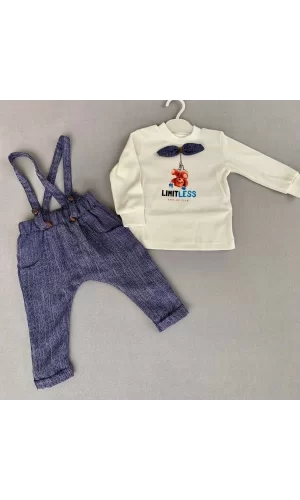 9-12-18 Ay Papyonlu Sweat Kot Pantolon 2li Erkek Bebek Salopet Takımı Lacivert