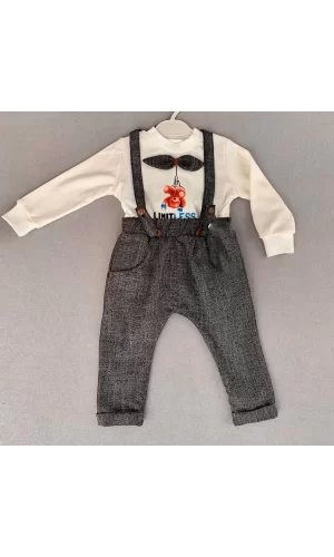 9-12-18 Ay Papyonlu Sweat Kot Pantolon 2li Erkek Bebek Salopet Takımı Gri
