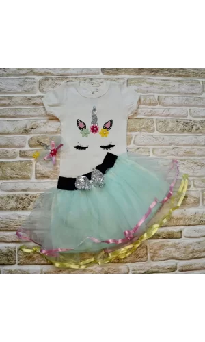 9-12-18 Ay Payetli Pony Nakışlı Tokalı Kısa Kollu Tütü Etek 3lü Kız Bebek Takımı Su Yeşili