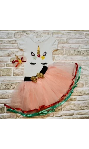9-12-18 Ay Payetli Pony Nakışlı Tokalı Kısa Kollu Tütü Etek 3lü Kız Bebek Takımı Pudra