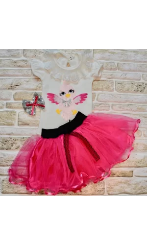 Luz&Pos 9-12-18 Ay Toka Hediyeli Kuş Desenli Tişört Tütü Etek 2li Kız Bebek Takımı Fuşya