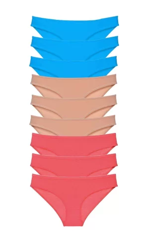 9 adet Süper Eko Set Likralı Kadın Slip Külot Fuşya Ten Mavi