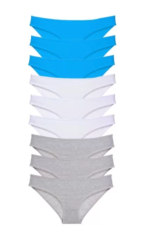 9 adet Süper Eko Set Likralı Kadın Slip Külot Gri Beyaz Mavi