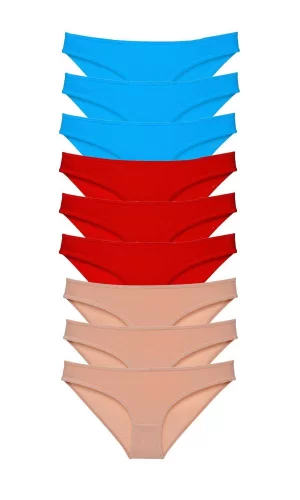 9 adet Süper Eko Set Likralı Kadın Slip Külot Kırmızı Ten Mavi