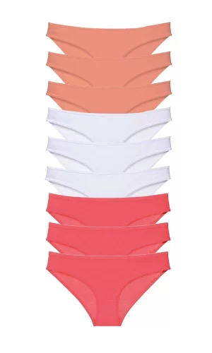 9 adet Süper Eko Set Likralı Kadın Slip Külot Pudra Beyaz Fuşya