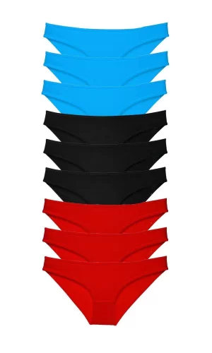 9 adet Süper Eko Set Likralı Kadın Slip Külot Siyah Kırmızı Mavi