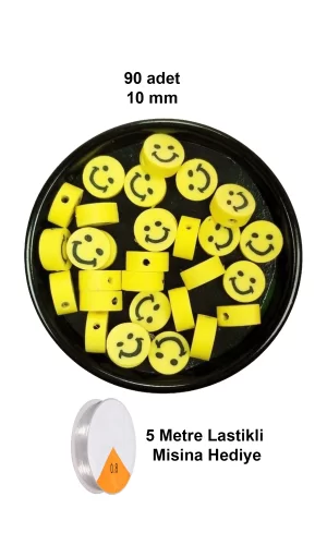 90 Adet 10 mm Polimer Kil Fimo Boncuk Takı Bileklik + 5 Metre Lastikli Misina Hediye - Gülen Yüz Smile