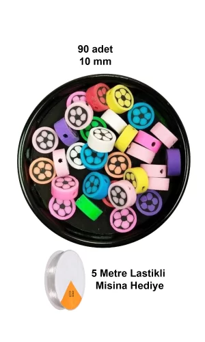 90 Adet 10 mm Polimer Kil Fimo Boncuk Takı Bileklik + 5 Metre Lastikli Misina Hediye - Renkli Çiçek