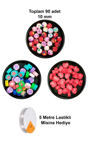 90 Adet 10 mm Polimer Kil Fimo Boncuk Takı Bileklik + 5 Metre Misina Hediye - Deniz - Kalp - Yuvarlak