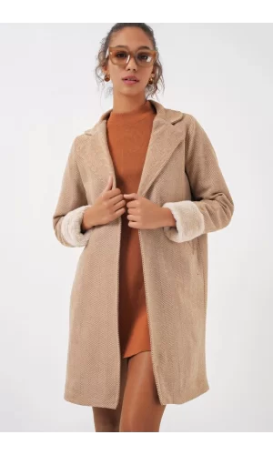 9085 Balık Sırtı Kaşe Kaban - Camel