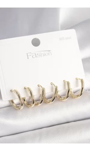 925 Ayar Gümüş Çivi Pirinç Gold Renk Oval Halka Model Kadın Küpe Seti