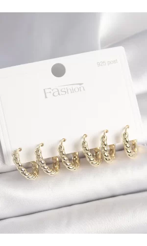 925 Ayar Gümüş Çivi Pirinç Gold Renk Sarmal Halka Model Kadın Küpe Seti