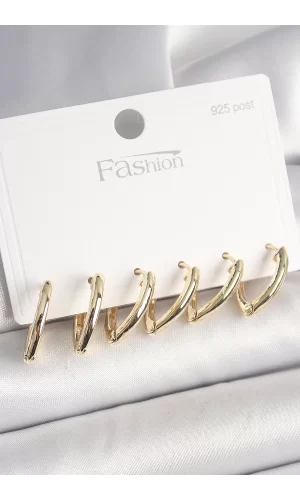 925 Ayar Gümüş Çivi Pirinç Gold Renk Üçgen Model Kadın Küpe Seti