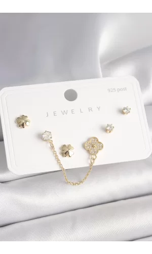 925 Ayar Gümüş Çivi Pirinç Gold Renk Zirkon Taşlı Yonca Model Sallantı Zincir Detay Kadın Küpe Seti