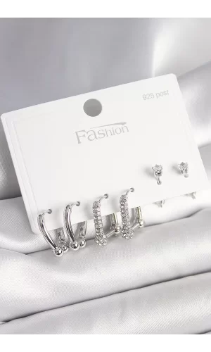 925 Ayar Gümüş Çivi Pirinç Gümüş Renk Zirkon Taşlı Tiffany Halka Model Kadın Küpe Seti