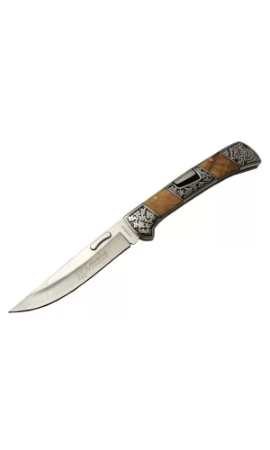 A3159-d Kahverengi Kamp Çakı 23,5cm- Ahşap Sap, Kaplan İşlemeli, Kemerlikli