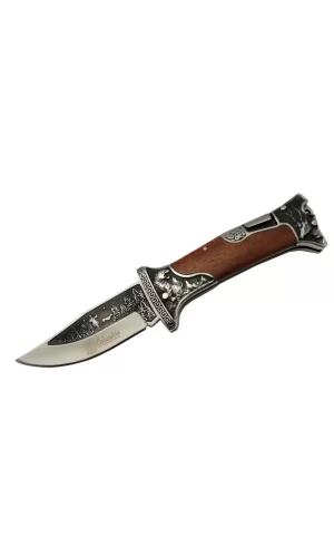 A3188-2 Geyik Desenli Outdoor Çakı 23 Cm - İşlemeli Ahşap Saplı, Perçinli, Deri Kılıflı