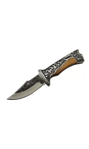 A3189c Kahve Kamp Çakısı 23cm- Manuel, At İşlemeli Ahşap Sap, Özel Kutulu, Kılıflı