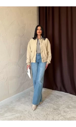 Açık Haki Parçalı Bomber Ceket