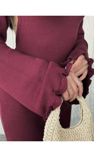 Luz&Pos Acık Sırt Detaylı Maxi Uzun Boy Elbise- Bordo