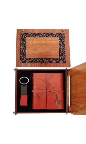 Ahşap Kutulu Kahve Deri Defter Ve Anahtarlık Set