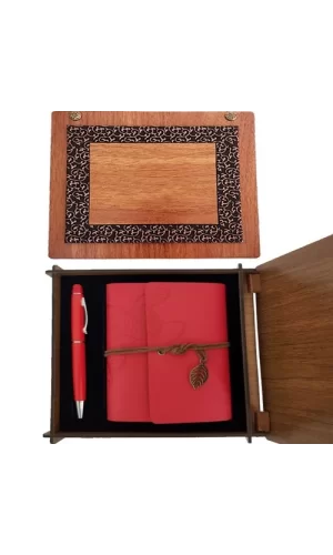 Ahşap Kutulu Kırmızı Deri Defter ve Metal Kalem Set
