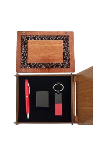 Ahşap Kutulu Kırmızı Kalem Anahtarlık ve Çakmak Set