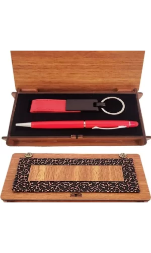 Ahşap Kutulu Kırmızı Kalem ve Anahtarlık Set