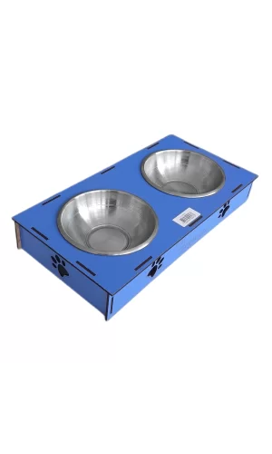 Ahşap Sehpalı İkili Devrilmez Kedi Köpek Su Ve Mama Kabı 34 cm - 300 ml Mavi