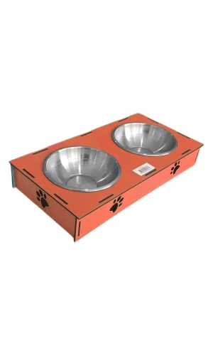 Ahşap Sehpalı İkili Devrilmez Kedi Köpek Su Ve Mama Kabı 34 cm - 300 ml Turuncu