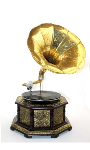 Ahşap Sekizgen Gramofon Taş  Plak Çalar Metal Kaplamalı
