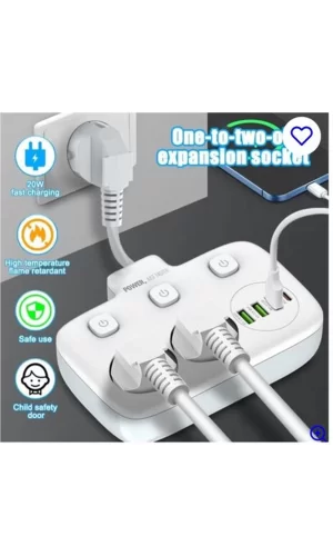 Akım Korumalı 2’li Ayrı Anahtarlı Priz, 2x Priz, 3x Usb, 1x Type-c, 2 Mt Kablo, Hızlı Şarj