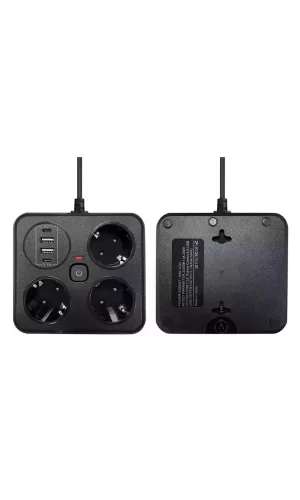 Akım Korumalı Anahtarlı Priz - 3x Priz - 2x Usb - 2x Type-c - 2 Mt Kablo Hızlı Şarj Özellikli Siyah