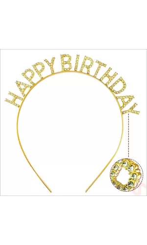Altın Gold Renk Kristal Taşlı Parlak Happy Birthday Taç 16x17 Cm