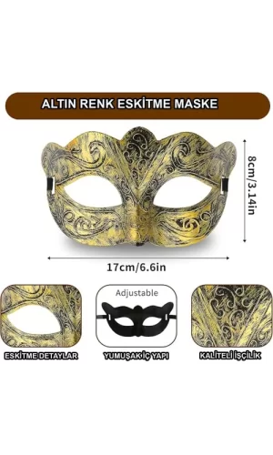 Altın Renk Eskitme Maskeli Balo Maskesi – Venedik Tarzı Parti Maskesi