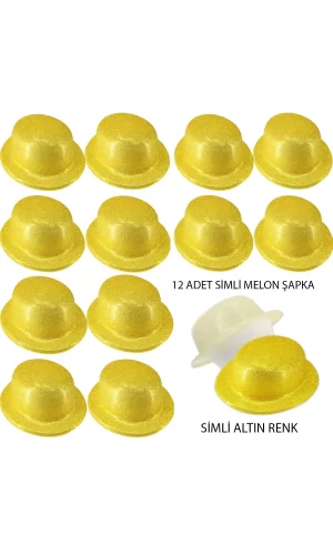 Altın Renk Simli Melon Yulak Parti Şapkası 12 Adet
