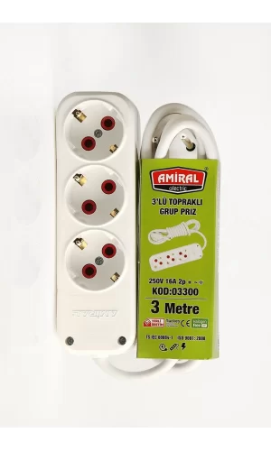 Amiral 3 Lü Topraklı 3 Metre Kablolu Grup Priz