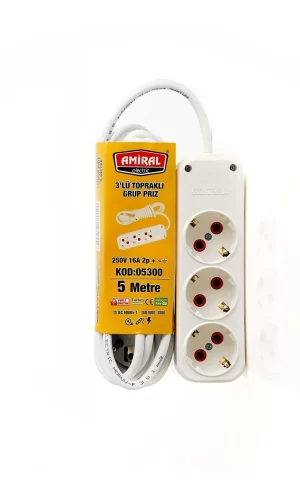 Amiral 3 Lü Topraklı 5 Metre Kablolu Grup Priz