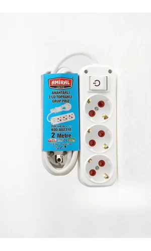 Amiral 3 Lü Topraklı Anahtarlı 2 Metre Kablolu Grup Priz