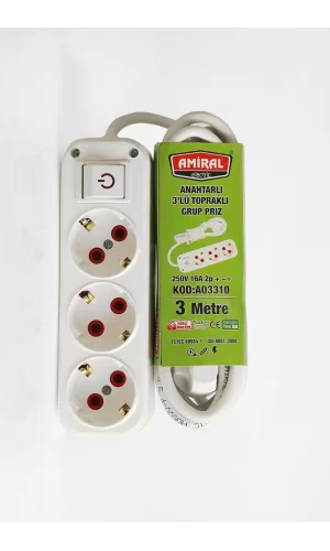 Amiral 3 Lü Topraklı Anahtarlı 3 Metre Kablolu Grup Priz