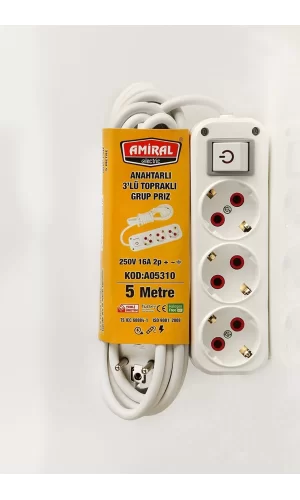Amiral 3 Lü Topraklı Anahtarlı 5 Metre Kablolu Grup Priz