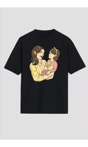 Luz&Pos Anneler Gününe Özel Tasarım Anne Kız Baskılı T-shirt - Siyah
