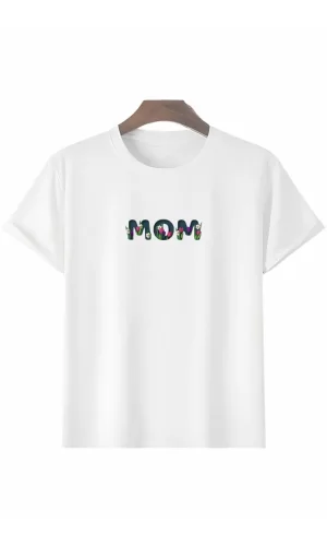 Anneler Gününe Özel Tasarım Mom Çiçek Baskılı T-shirt - Beyaz