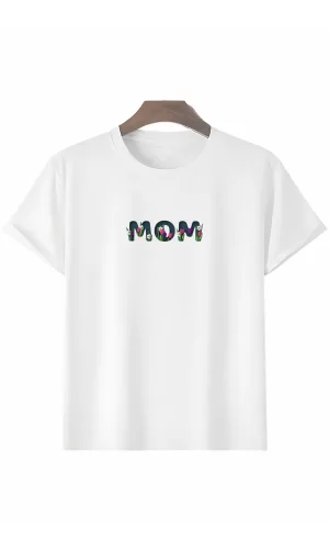 Luz&Pos Anneler Gününe Özel Tasarım Mom Çiçek Baskılı T-shirt - Beyaz