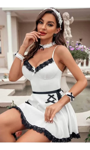 Arias Closet Beyaz Süprem Siyah Dantelli Şık Hizmetçi Kostümü