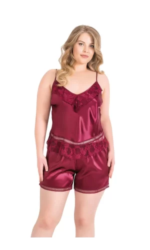 Büyük Beden Bordo Saten Babydoll Şort Takımı
