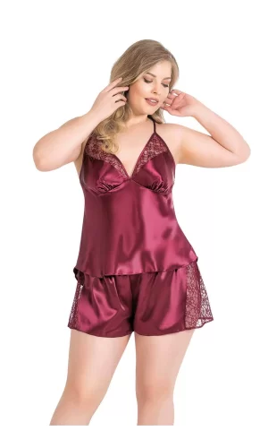 Büyük Beden Bordo Saten Babydoll Şort TakımI