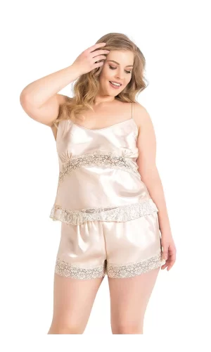 Büyük Beden Fildişi Saten Babydoll Şort Takımı
