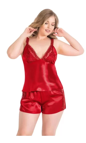 Büyük Beden Kırmızı Saten Babydoll Şort Takımı