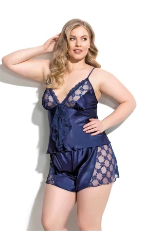 Büyük Beden Lacivert Saten Babydoll Şort Takımı